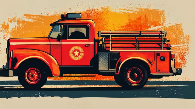 A red vintage fire truck drives on a dark road with an orange and yellow sky in the background
