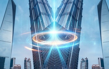 Two tall skyscrapers, one reflected in the other, with a futuristic abstract effect.