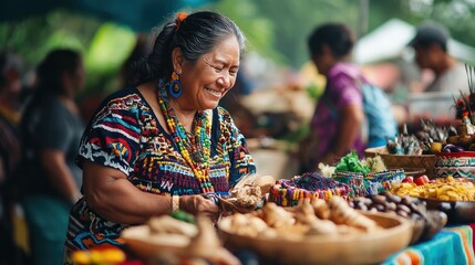 An indigenous market with traditional crafts, clothing, and foods reflecting the rich heritage of the community