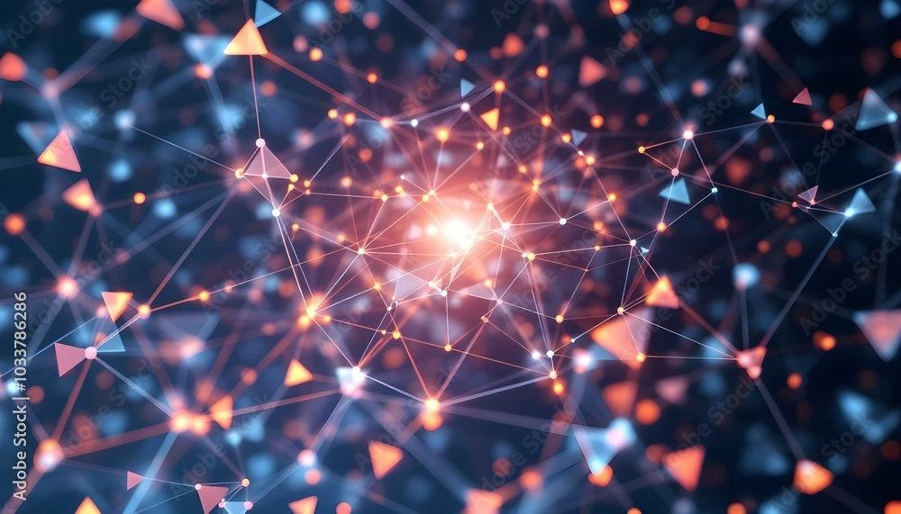 Poster Abstract background with connecting dots and lines. Distribution of triangular shapes in space. Big data. Network connection. 3D rendering.  abstract technology network background. 