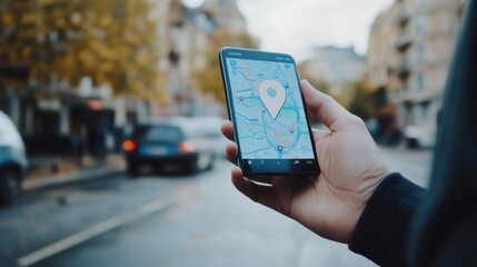 A male hand is shown holding a smartphone with a location pin visible on its screen, set against an urban background. Generative AI
