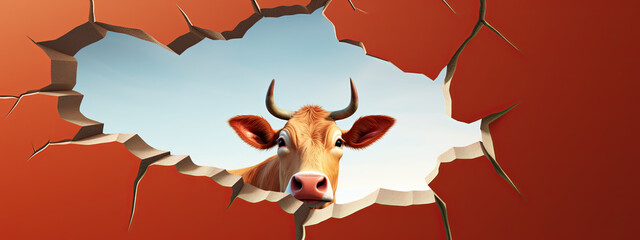 generated illustration of cute cow peeking out of a hole in red wall, torn hole