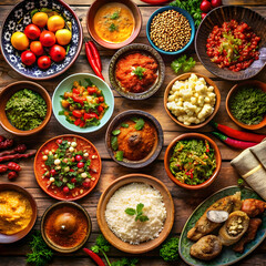 A beautifully arranged table showcases a variety of traditional dishes from different cultures