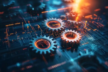 Gears and cogs on a digital background, an engineering concept with mechanical equipment for industrial design or machine parts in the Industry 4.0 era of factory production technology. 
