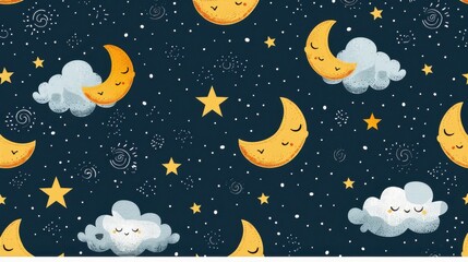 Seamless pattern with Cute cartoon moon and clouds. illustration