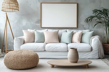 Minimalist, a modern Scandinavian interior in a living room with walls and sofas hanging with art frames. Generative AI
