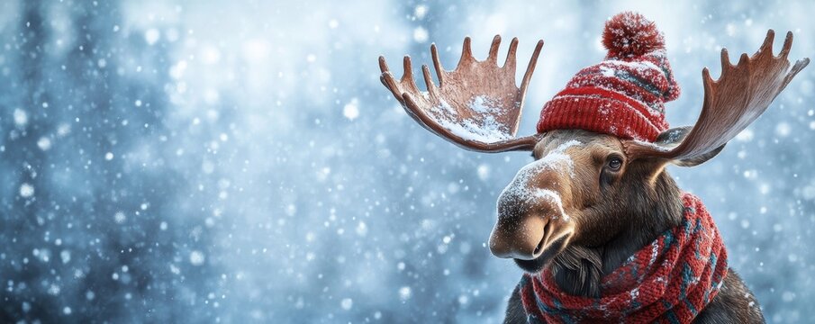 Festive winter scene: a moose in a red hat and scarf wandering through the snowy forest