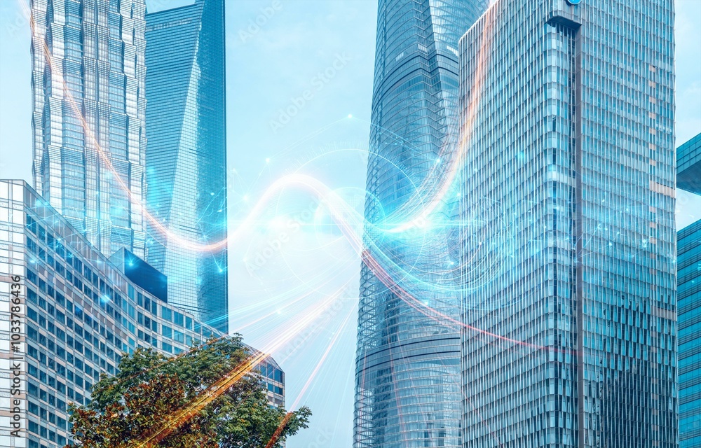 Poster a bright sky with tall modern buildings, some with intricate window patterns, and glowing lines and 