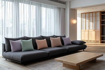 Obraz premium Minimalist, contemporary Scandinavian interiors in the living room with curtains windows and sofas and pastel colored cushions. Generative AI 
