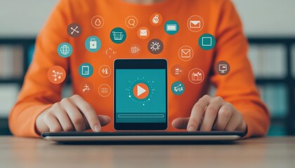 Person using an online learning app on a tablet, surrounded by various educational subject icons floating around, online learning tools, selfpaced learning