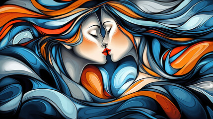 Abstract Artwork of Two Women Kissing with Flowing Hair
