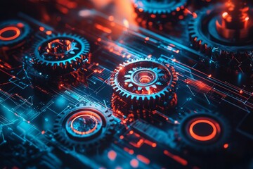 Gears and cogs on a digital background, an engineering concept with mechanical equipment for industrial design or machine parts in the Industry 4.0 era of factory production technology. 