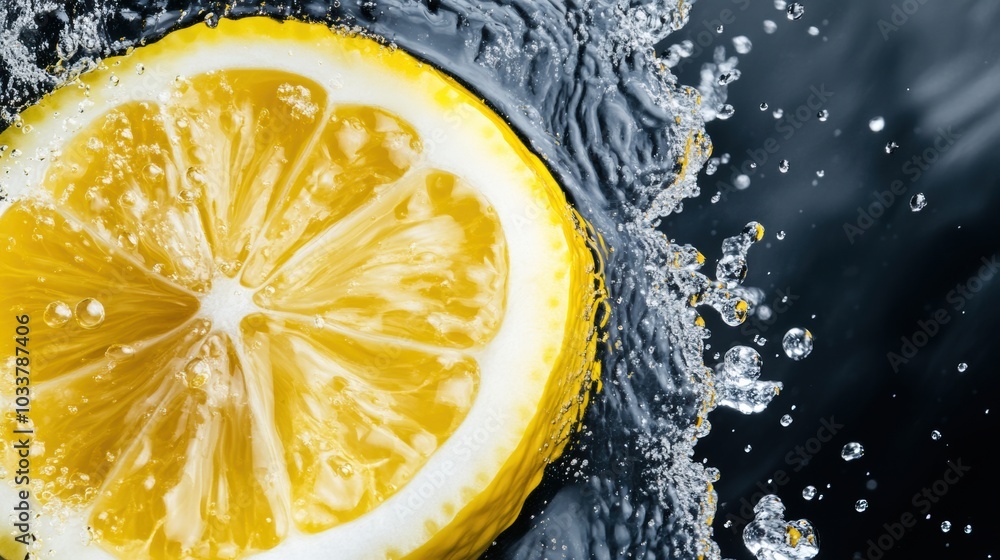 Aufkleber lemon slice splashes into water, creating dynamic ripples and bubbles, ai