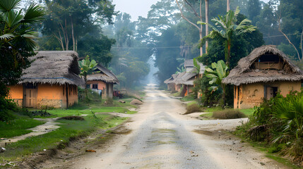 Indian tribal village at Bolpur, West Bengal India with view of mud hut and unpaved village road
