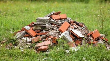 Heap of rubbish from red broken brick in cement