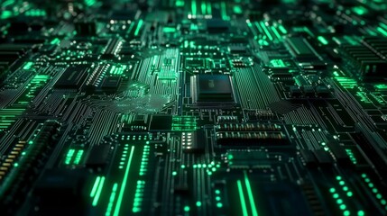 Fototapeta premium Close-up of PCB with green glow, showcasing electronic components densely packed, creating futuristic technological pattern, top-down perspective.
