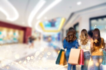 Blurry background of a shopping mall in China with people and shopping bags.