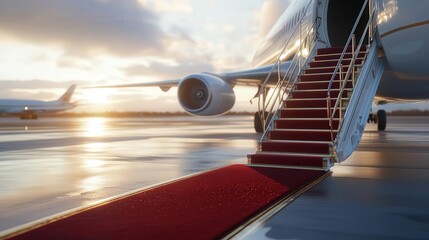A picture of an Air Force 1 plane with stairs and a red carpet
