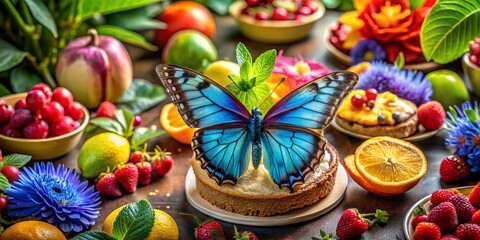 Fototapeta premium Stunning Food Photography with Shiny Blue Butterfly on Delicate Desserts, Colorful Fruits, and Gourmet Dishes, Showcasing Nature’s Beauty and Culinary Art in a Captivating Scene