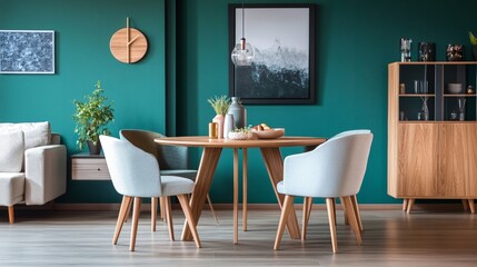 A contemporary dining room with mint-colored chairs and a wooden round table, complemented by a green feature wall, with a sofa and a cabinet on either side of the space.