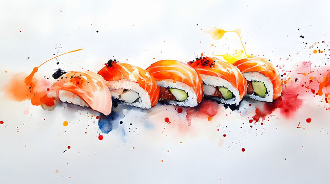 Sushi Delights in Watercolor, vibrant sushi pieces adorned with colorful blotches, set against a clean white backdrop, appetizing and visually engaging