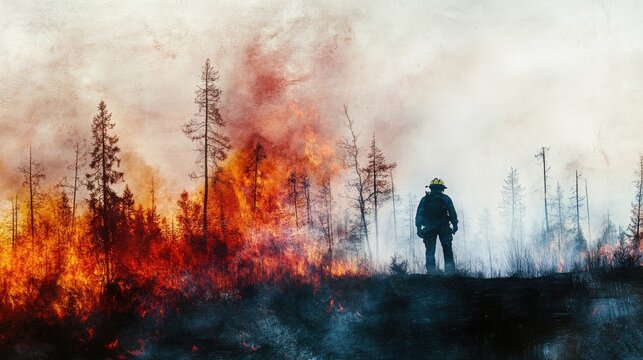 Impactful Silhouette Art of Firefighter and Forest for Public Safety Campaigns