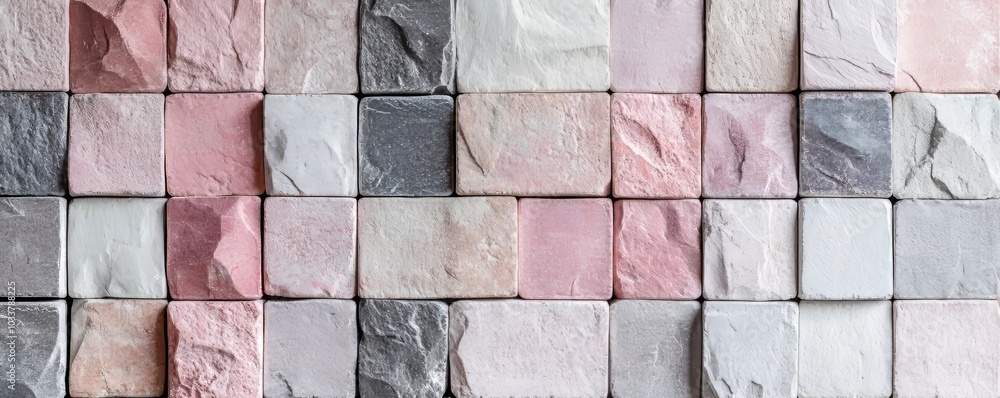 Poster wall is decorated with square tiles showing different shades of pink and grey, creating a pattern. t