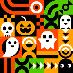 Geometric Halloween Pattern with Skulls, Ghosts, and Pumpkins in Bold Colors