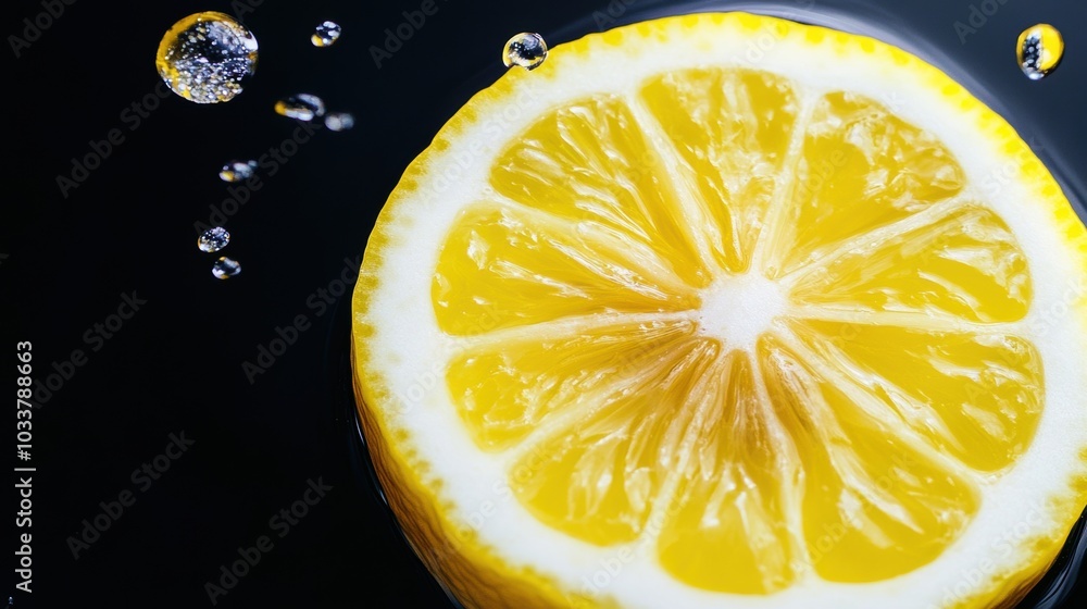 Poster lemon slice with bubbles against a dark background creates a refreshing visual, ai