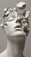 White plaster sculpture bust bursts apart, representing the struggles of anxiety and depression, portraying emotional anguish and distress