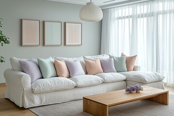 Minimalist, contemporary Scandinavian interiors in the living room with lights from the ceiling and art frames and sofas. Generative AI
