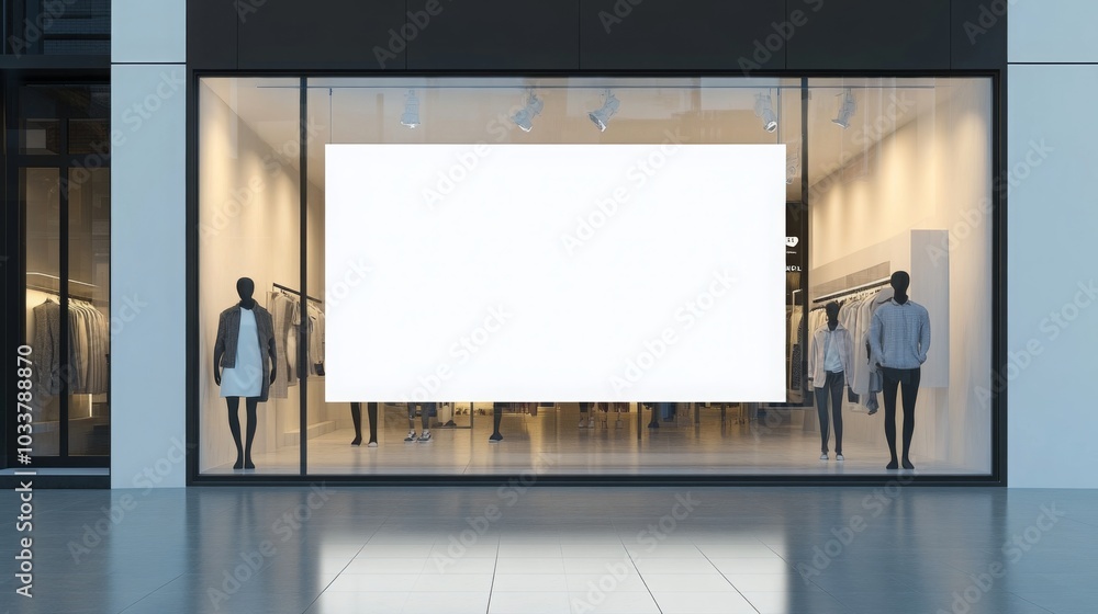 Poster a retail store's display window showcases a minimalist setup with mannequins dressed in stylish clot