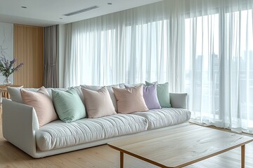 Fototapeta premium Minimalist, modern living room interiors finished with Scandinavian interiors. Generative AI 
