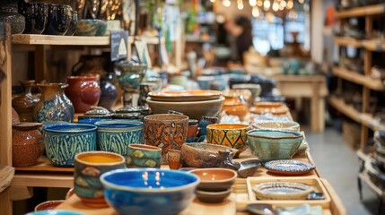 Handmade market goods, with artisans selling beautifully crafted items, from pottery to jewelry, in a vibrant space