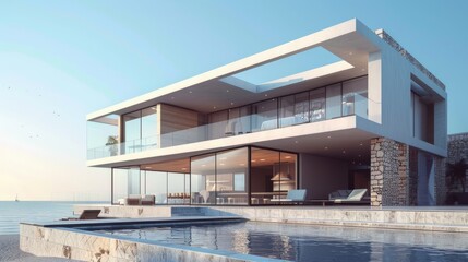 A contemporary villa with two stories, located by the sea