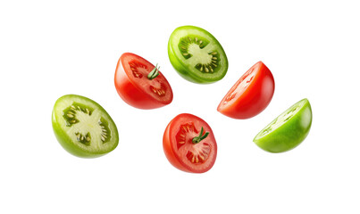 red and green tomatos and slice on transparent background