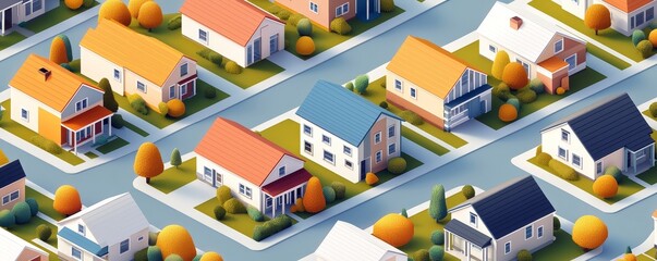 Colorful houses and trees in a suburban neighborhood, aerial view.