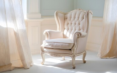 An elegantly upholstered Victorian armchair in soft ivory fabric is placed against a light pastel wall.