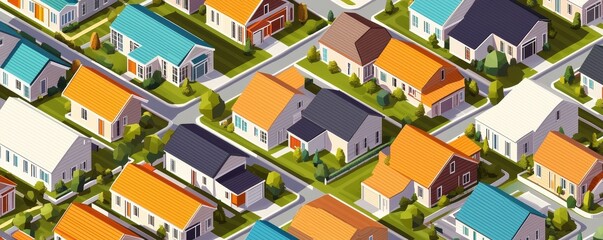 Colorful neighborhood houses with gardens and driveways, top-down view, vibrant layout.