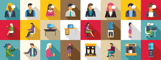 Coworkers communicating office icons set. Office workers having break taking part in corporate party communicating set of square icons with people and furniture in flat style