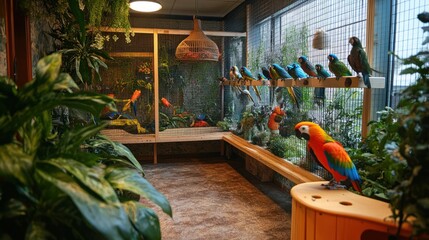 Pet birds in a cozy indoor aviary, enjoying a spacious and stimulating environment