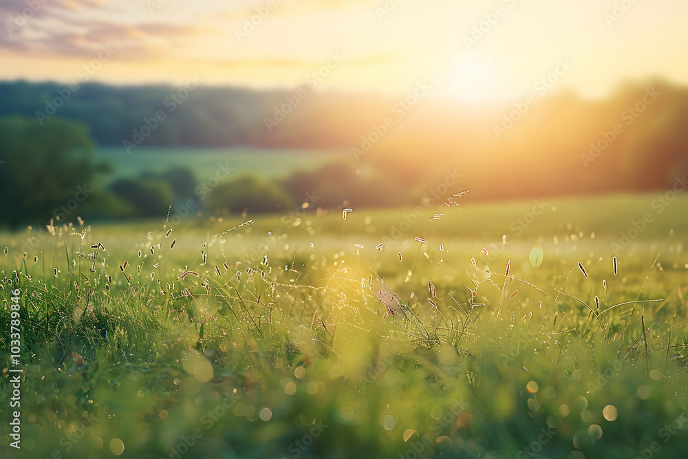 Poster a blurred background of a grassy meadow with sunlight, creating an impressionist effect.