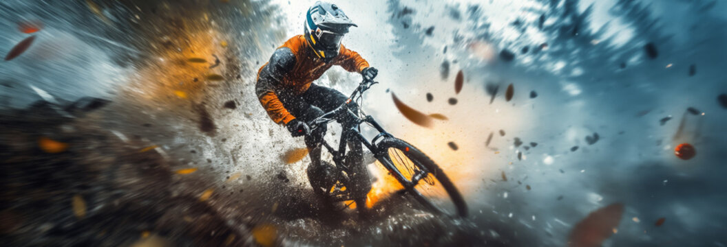 Spectacular crash during fast ride on a mountain bike.