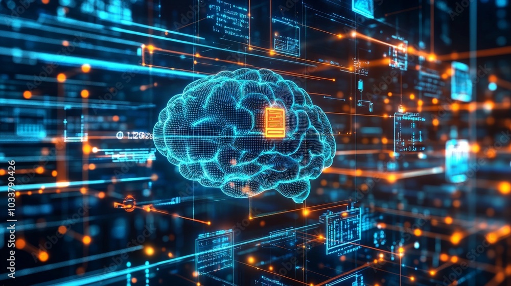 Poster a creative rendering of ai and big data integration, with a cg brain processing information from clo