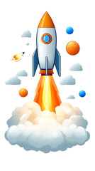 Colorful rocket launching into space with planets in the background, white isolated background.