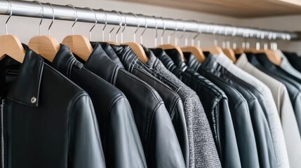 Obraz premium Leather jackets hang elegantly on wooden hangers in a luxury boutique, set against a soft-focus background that accentuates an upscale, refined atmosphere
