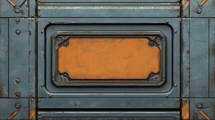 Obraz premium Vintage industrial metal door with weathered grayish-blue color, intricate designs, and rustic industrial look, close-up shot.