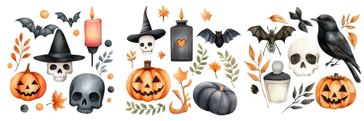 A festive Halloween illustration featuring pumpkins, skulls, bats, and a witch's hat, enhancing the spooky atmosphere of the season.