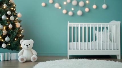 Cozy and Peaceful Nursery with a Gentle Christmas Tree Adorned with Glowing Lights and Soft Plush Ornaments 3D