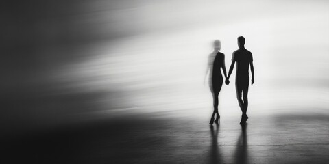 A couple walks hand in hand through an ethereal landscape. A blend of light and shadows creates a dreamlike atmosphere. Silhouettes evoke connection and intimacy. AI